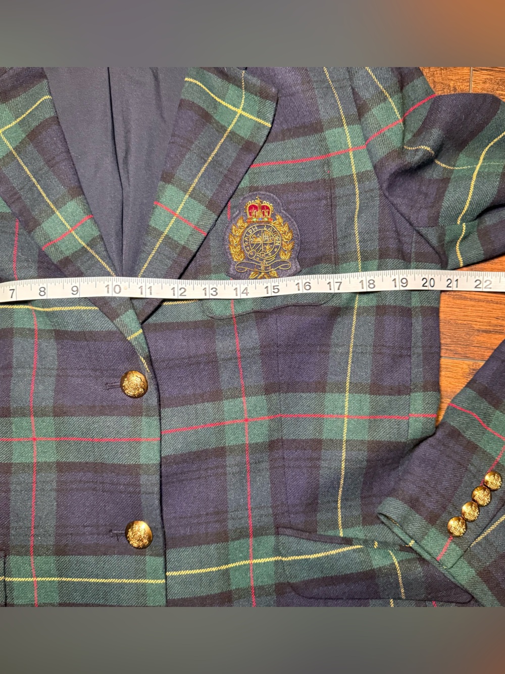 Ralph Lauren Plaid Bullion Crest Blazer 12 EUC Navy Green Tartan Preppy Academic - Picture 14 of 16